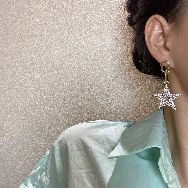 

2021 New Korean Concise Long Star Pendant Earrings Women's Exquisite Chain Design Full Diamond Earrings Luxury Jewellery Fashion