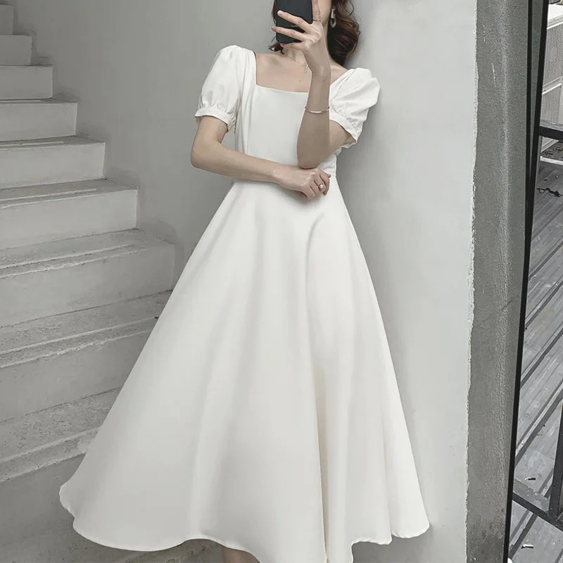 

Элегантные повседневные женские платья для вечерние 2021 летнее цельное платье корейский стиль с коротким рукавом винтажное платье миди для ...