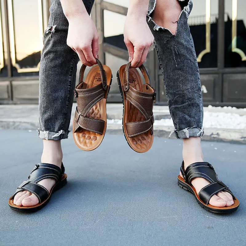 

Summer Retro Men's Leather Sandals Large Size 38-48 Men Beach Flip Flops Rubber Male Casual Sandals sandales cuir pour homme