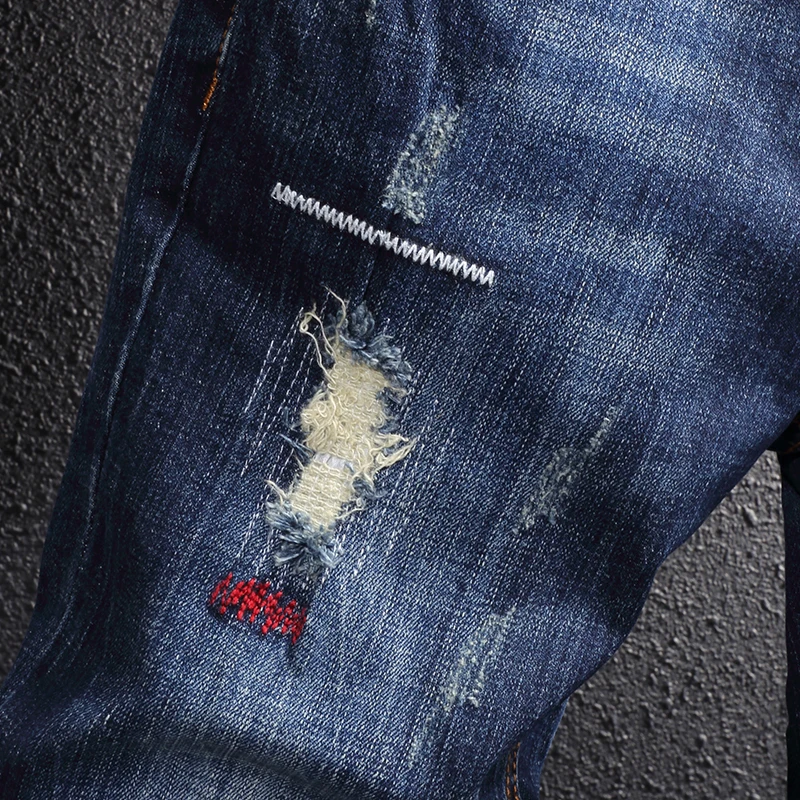 American Street Style Fashion Men Jeans Retro Blue Elastic Slim Fit Ripped Jeans Men Embroidery Designer Hip Hop Denim Pants