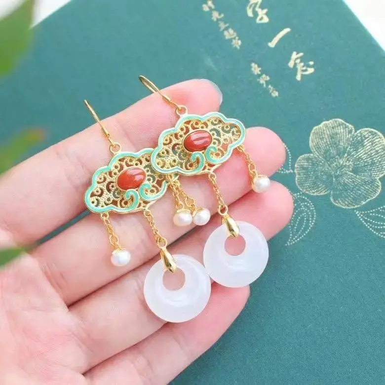 

S925 Silver Plated Inlaid Hetian Safeness Ring Earrings South Red Lucky Cloud Hollow Cloisonne Vintage Earrings Eardrops