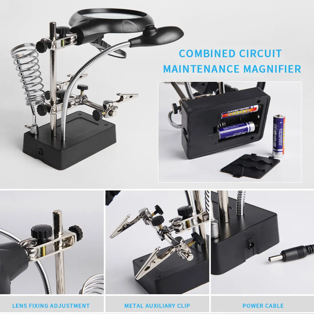 

2.5-10X LED Light multi-function Welding Magnifier Auxiliary Tabletop Magnifying Glass Hand Soldering Iron Holder