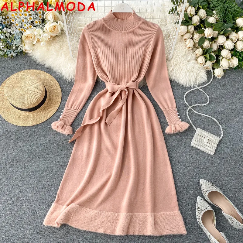 ALPHALMODA осенне зимнее женское платье новинка 2019 мохеровое лоскутное с поясом