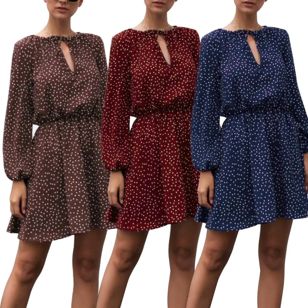 

Women Autumn Sexy V Neck Lace up Dot Long Sleeve High Waist Party Mini Dress Suitable for any occasion in late spring