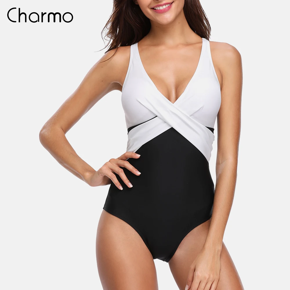 

Женский слитный купальник-монокини Charmo, цельный купальный костюм с перекрестными бретелями, пэчворк, пляжная одежда, однотонный Монокини