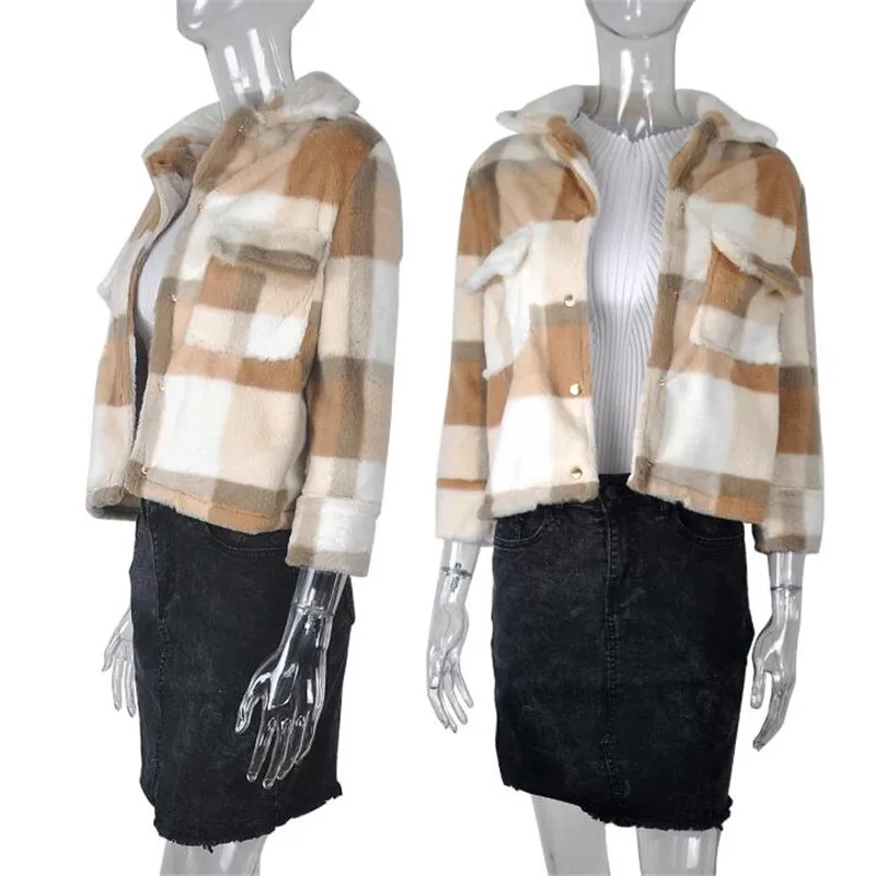 

2020 New Fall Winter Fleece Wool Jacket Women Loose Warm Blends Coat Plus Size 3XL Elegant Big Pocket Coat Button Outwear