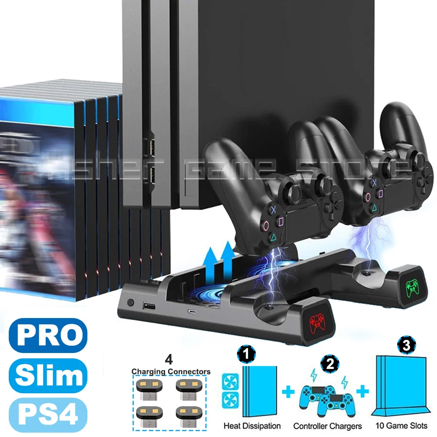 

Базовая подставка для PS4 Slim Pro, зарядная док-станция для контроллеров с 2 вентиляторами для 10 игр, аксессуары для Playstation 4