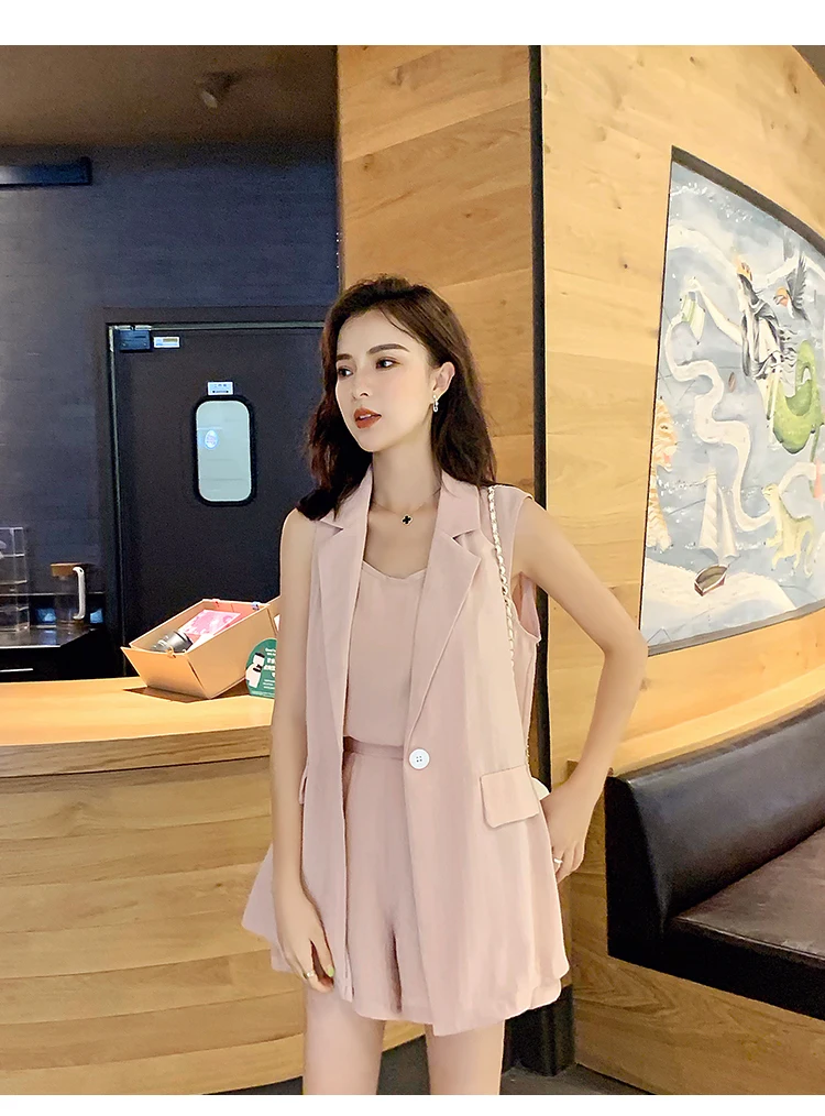 Женские костюмы из 3 предметов блейзер без рукавов + жилет шорты с эластичным