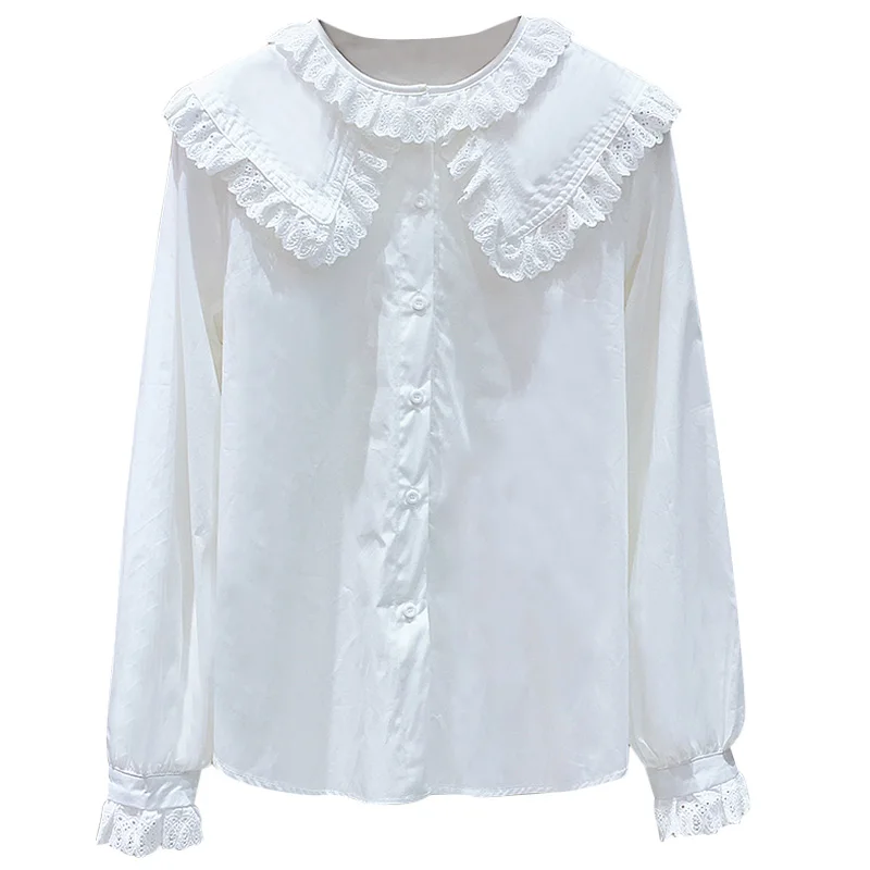 

Sweet Lace Peter Pan Collar Loose Full Solid Shirt with Bottom Coat Flare Sleeve Blouse Women