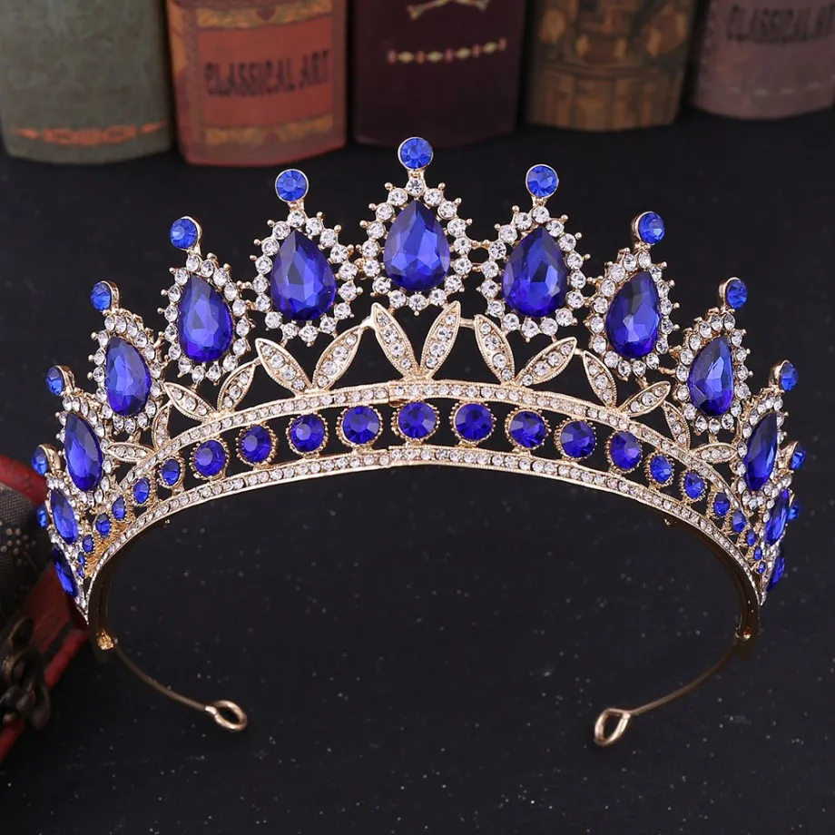 Gold Blue No Comb Роскошная сверкающая Стразовая свадебная диадема с кристаллами для невесты украшения для волос головной убор - Окраска металла: Gold Blue No Comb