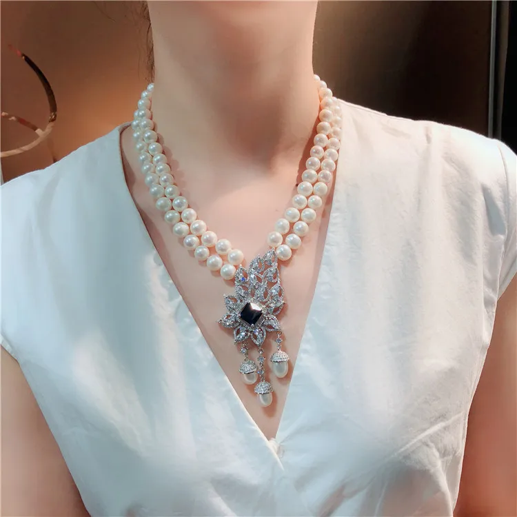 

Hand knotted simple noble 2strands 8-9mm white freshwater pearl micro inlay zircon accessories pearl pendant necklace 45-48cm
