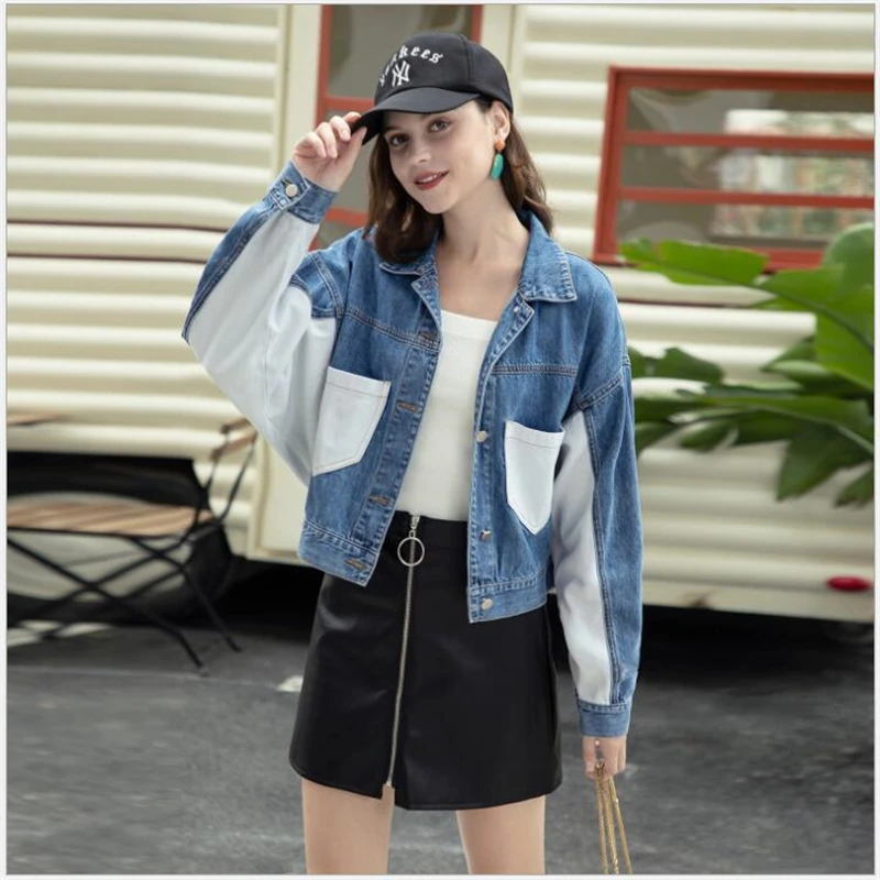 Женская джинсовая куртка с отложным воротником короткая в Корейском стиле