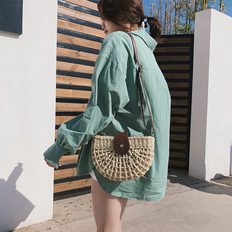

Women Woven Straw Crossbody Bag with Adjustable Faux Leather Strap Imitation Rattan Semicircle Clutch Shoulder Handbag