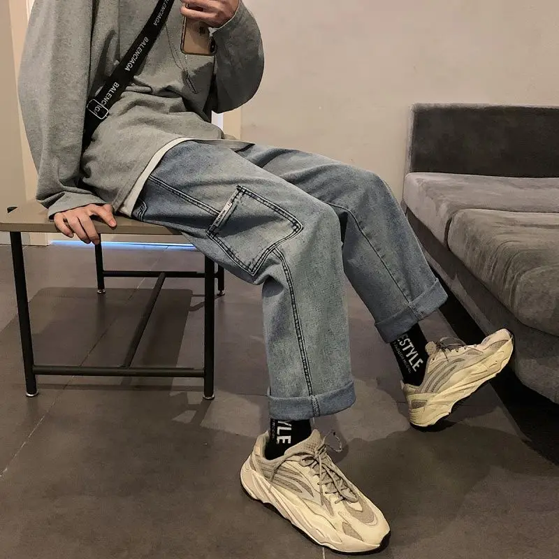 

Джинсы Ins с карманами мужские, крутые брюки из денима с граффити, модные мешковатые джинсы в стиле ретро, повседневные уличные брюки в стиле ...