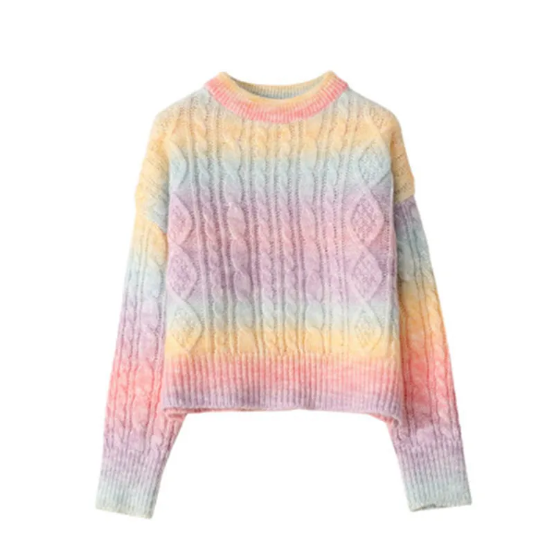 

SAYTHEN 2020 New Korean Style Outer wear Japanese Sweet Rainbow Stripes Loose Round Neck Pullover Sweater Women