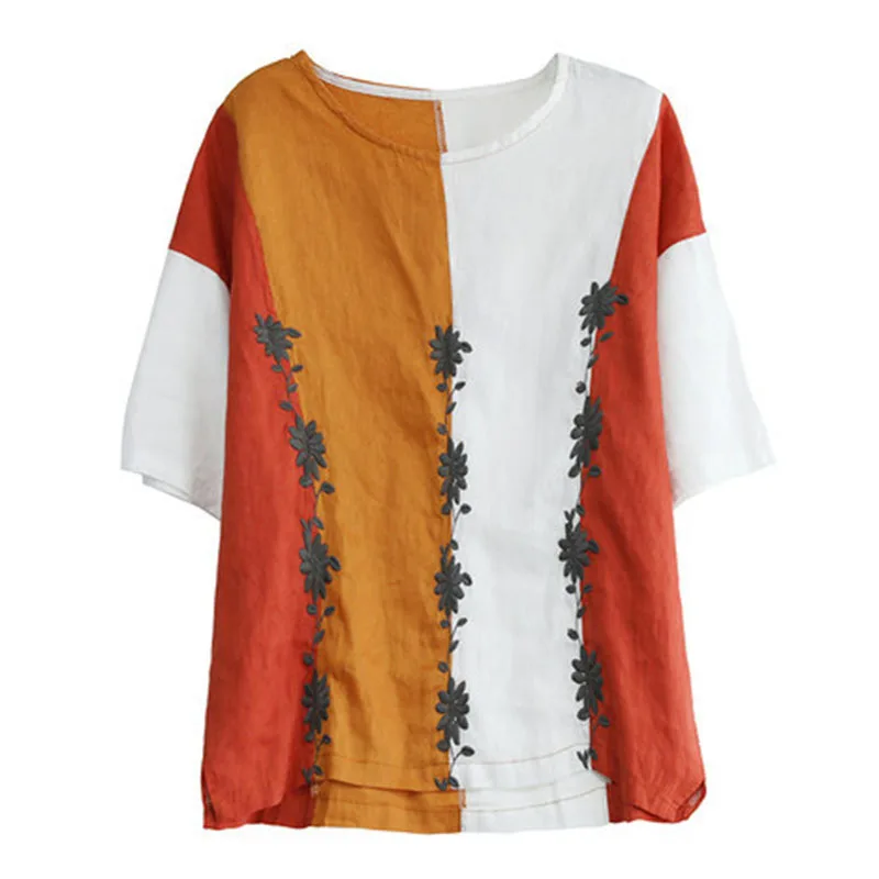 

SeeBeautiful Casual Embrpidery Loose T-shirt O Neck Half Sleeve Contrast Color Simple New Fashion 2021 Summer Women E878