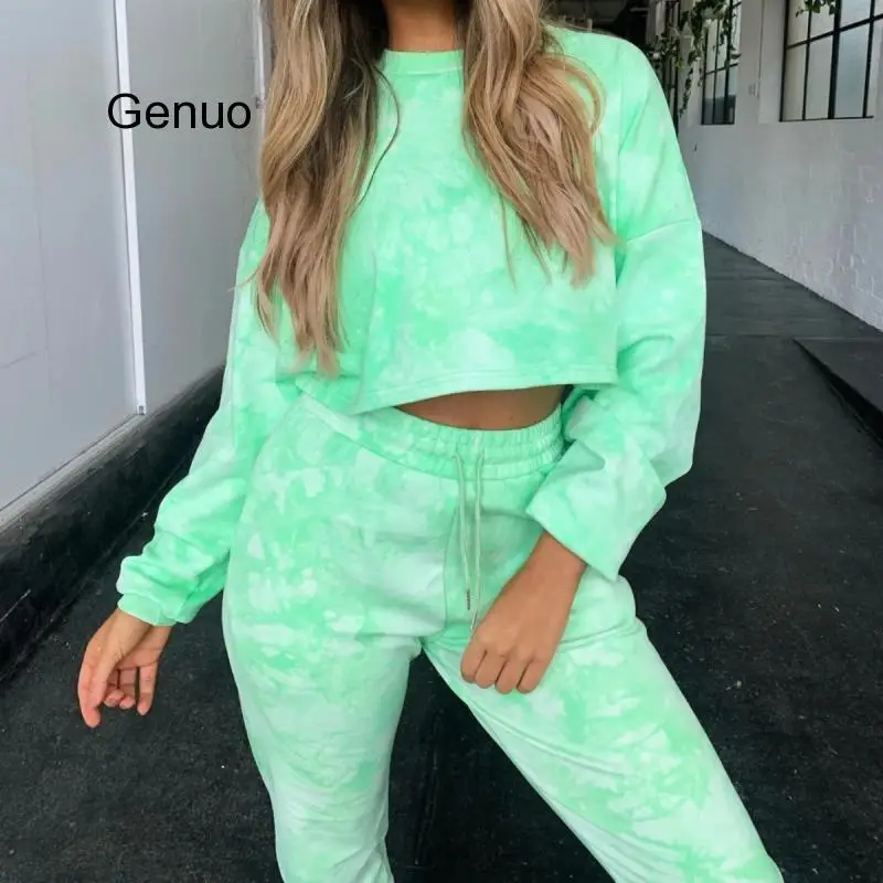 Модный тренировочный костюм короткий с капюшоном галстуком краской комплект из