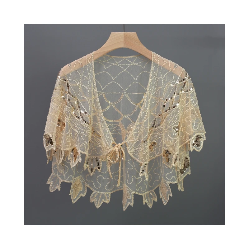 

Women Net Yarn Thin Lace-up Short Shawl Latin Modern Dance Sequin Beads Cape