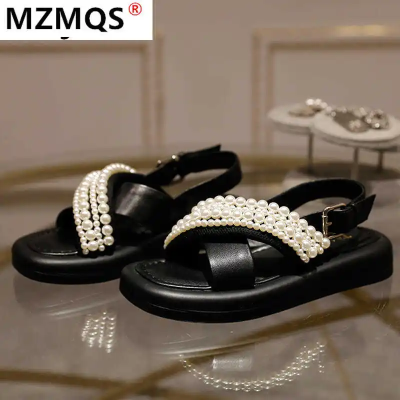 

2021 Summer Women's Platform Comfortable Sandals Fashion Vintage Buckle Pearl Beach Open Toe Sandals Female Casual Rome Sandals
