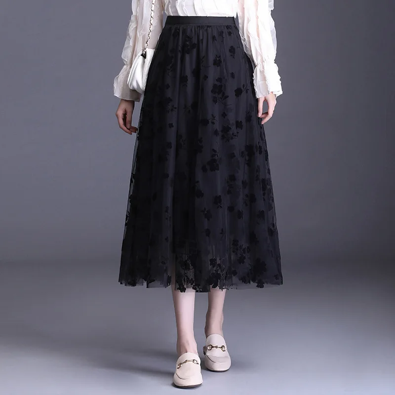 

Spring Summer 2021 Mesh High Waist Skirt for Womens Elegant Fashionable Elastic Comfortable Flower Pure Color Ladies Short Skirt