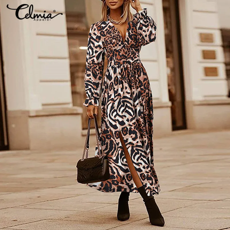 

Celmia 2021 Bohemian Women Leopard Print Maxi Dress Autumn Long Flare Sleeve Party Sundress Casual Sexy V-neck High Waist Robe