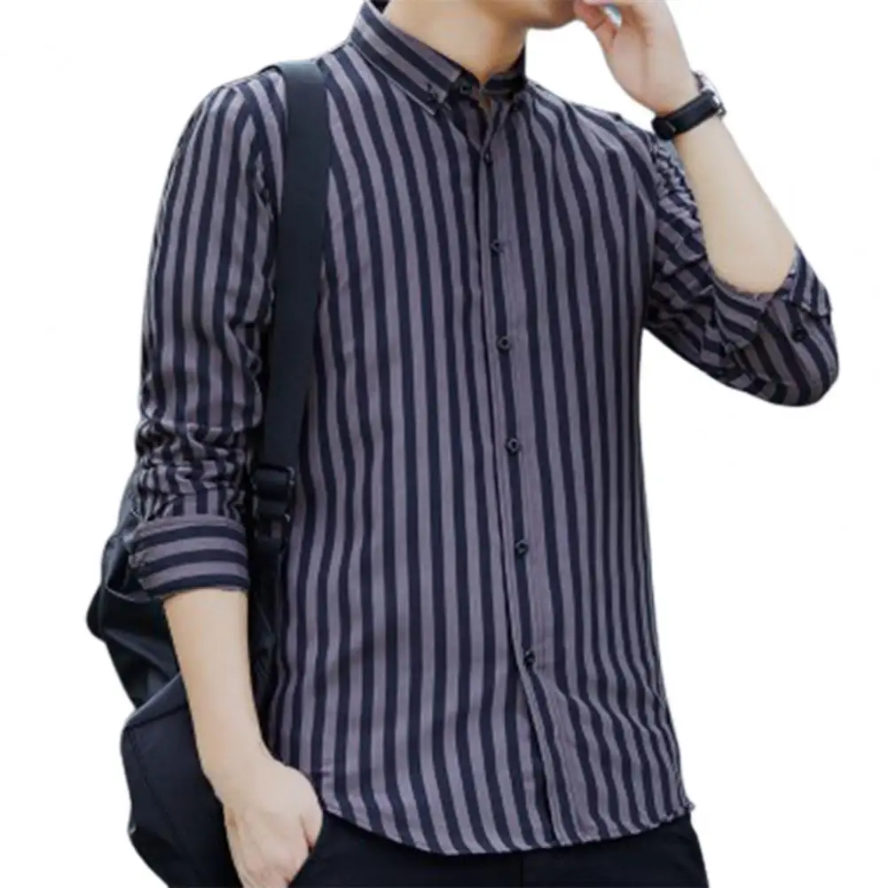 

Vintage Men Shirt Formal Single-breasted Stripe Dress Shirts Turn-down Collar Formal Business Shirt Casual Work