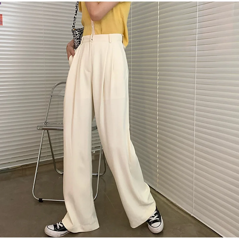 

2021 New Autumn Beige Women's Wide Leg Pants High Waist Elegant Long Pants Work Fashion Casual Loose Trousers Female Plus Size