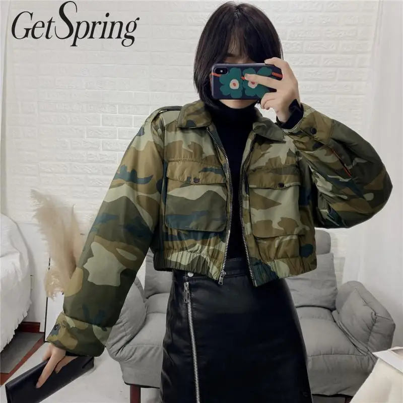GetSpring Женское пальто укороченная куртка женская верхняя одежда с высокой талией камуфляжные куртки с длинным рукавом Короткие камуфляжные женские куртки