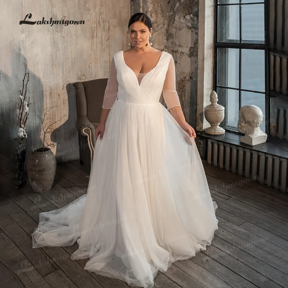 

Elegant Simple Wedding Dresses Long 3/4 Sleeves Plus Size Women V Neck Pleats Bridal Gown with Appliqued Sashes vestido longo