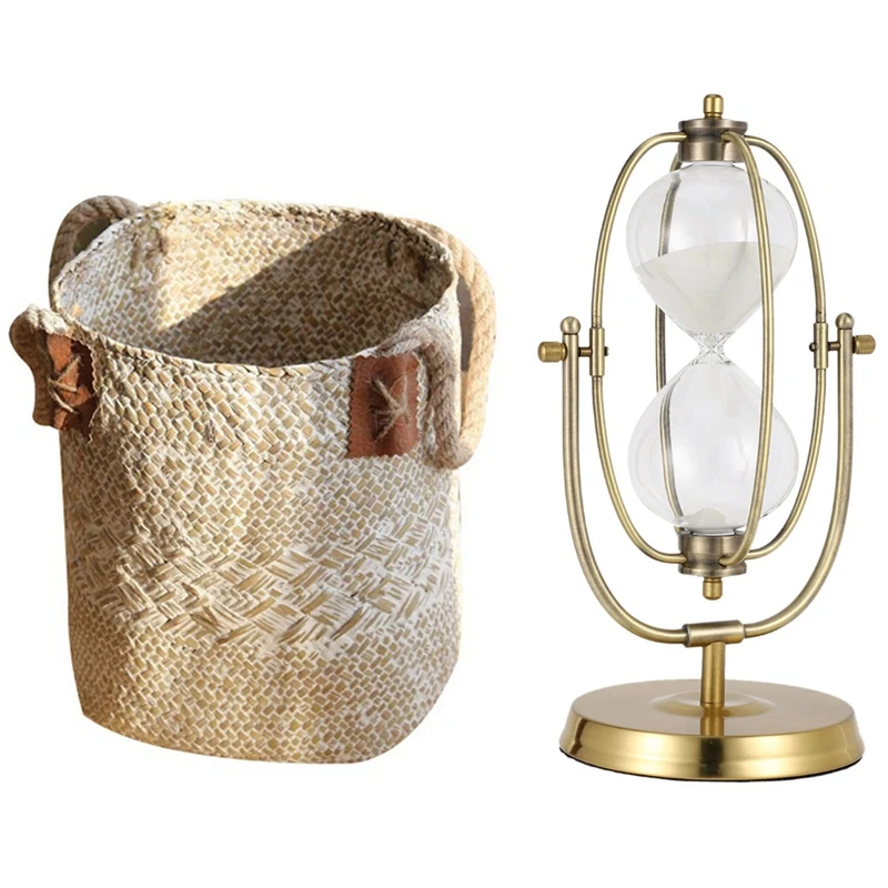 

Foldable Natural Woven Seagrass Belly Storage Basket & Metal, Sand, Glass European Rotation 60 Minutes Hourglass Timer
