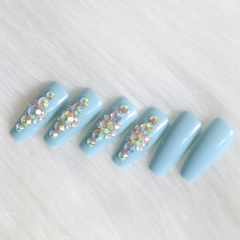 24 шт. новейшие Яркие длинные накладные ногти ручной работы с кристаллами