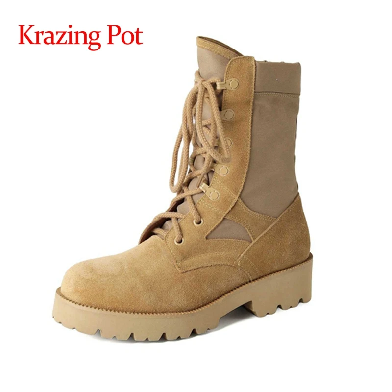

Krazing pot sheep suede round toe med heel riding boots cross-tied British style young lady streetwear lace up ankle boots L99