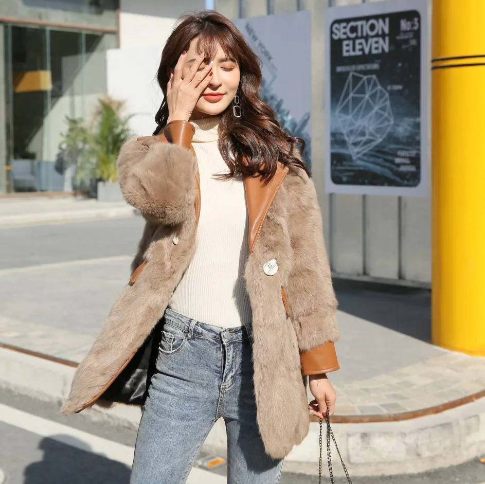 Женская куртка с натуральным мехом кролика верхняя одежда из искусственной кожи