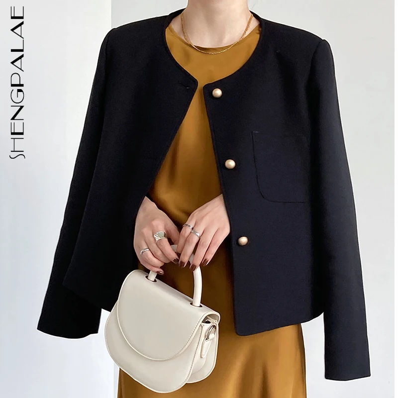 

SHENGPALAE Fashion Chic Solid Color Tweed Jacket Women's Autumn 2021 New O-neck Loose Single Breasted Long Sleeve Coat Female