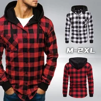new mens plaid hoodies tracksuit hooded top sweatshirt casual long sleeve button pullover shirt