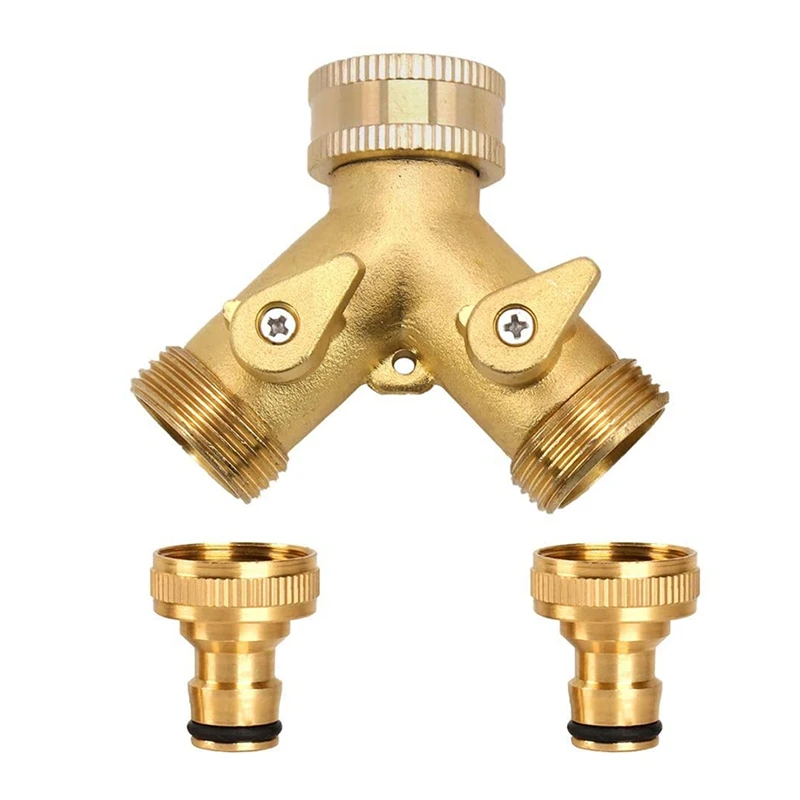 

3/4 Inch 2 Way Hose Splitter Brass Y Valve Garden Tap Connector with 2 X3/4 Inch Brass Water Tap Outside Tap Kit