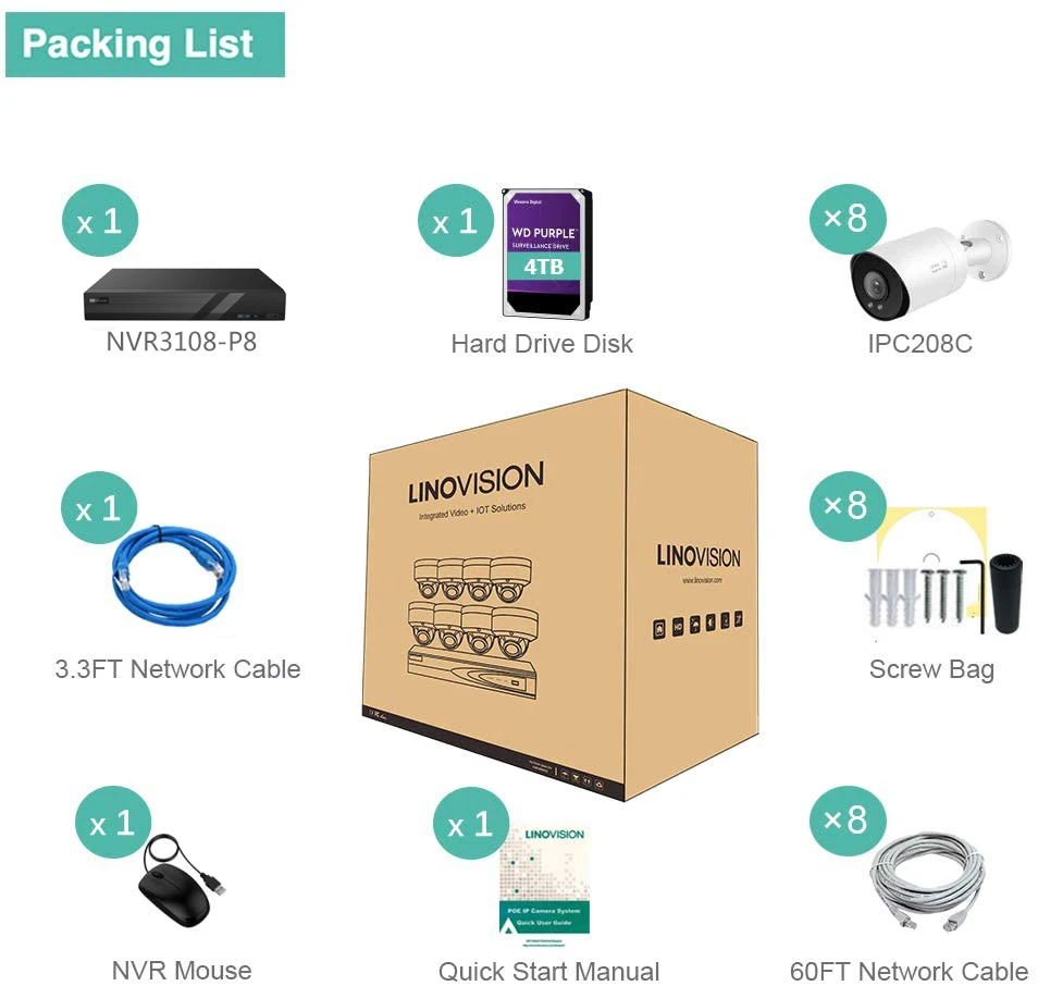 8 Channel 4K IP PoE Security Camera System 8ch 4K NVR and 8 8MP Colorful Night View Bullet PoE IP Cameras with 4TB HDD