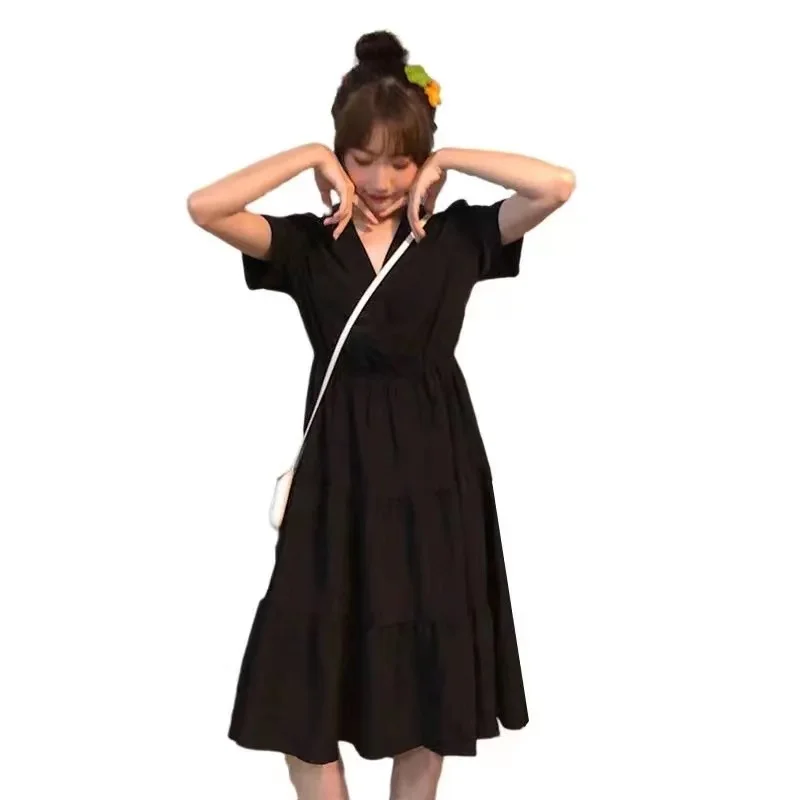 

2020 School Dresses For Girls Fashion Black Short-sleeved Loose V-neck Black Dress Pleated Dress Long Skirt Anime Form Costume