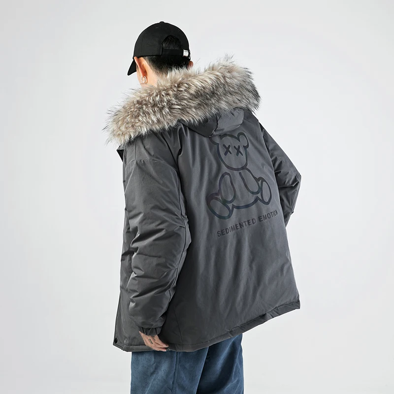 

Mens Cotton Padded Jacket Men Winter Reflective Top Fashion Bear Design Hooded Warm Jacket Solid Casual Soft Shell Jacket Men