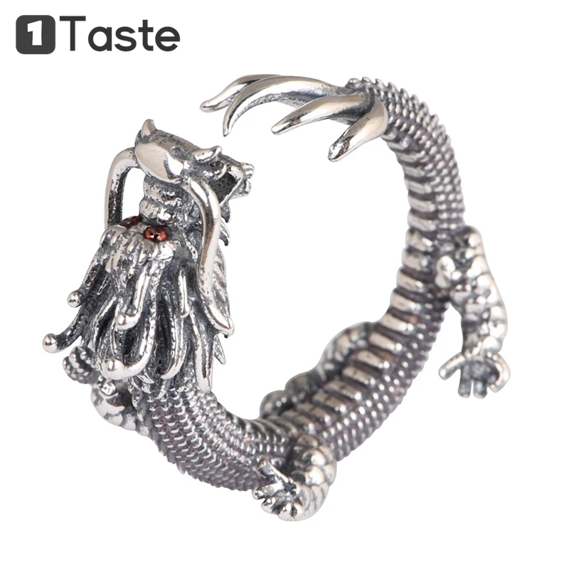 

ONE TASTE S925 Silver Dragon Ring For Men Thai Silver Handmade Carved Marcasite Stone Trendy Resizable Rings Fine Jewelry Gift