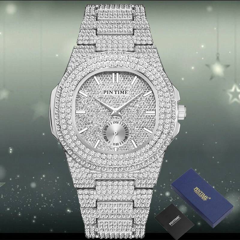 Часы мужские стальные со стразами брендовые роскошные золотистые в стиле хип хоп