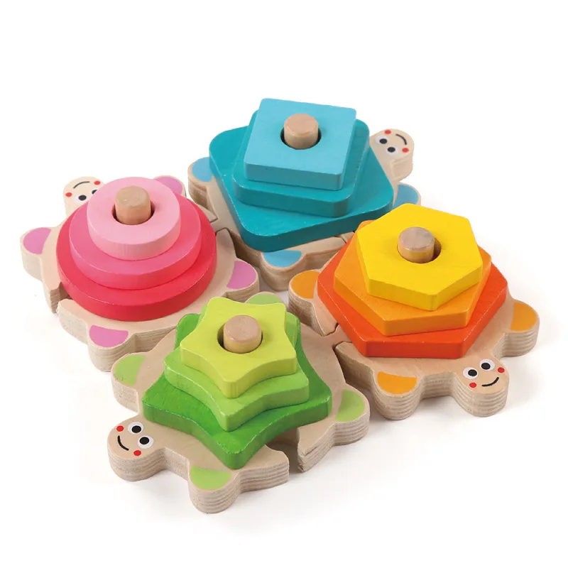 

Деревянные игрушки, детская цветная сборка заклинаний для раннего развития, Когнитивная геометрия, четыре набора колонн, пазл, черепаха, на...
