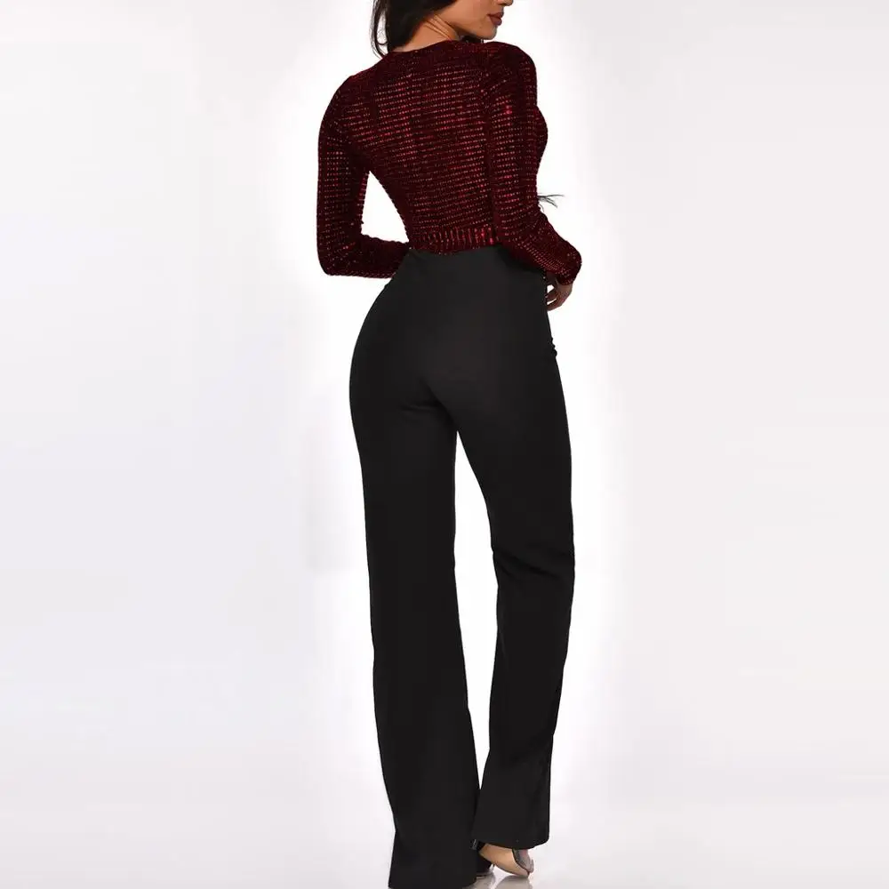 Sequined Slim Women Jumpsuits Black Sexy Solid Leotard Long Sleeves Straight Rompers Partywear Monos de Fiesta 2020 New Hot YE |