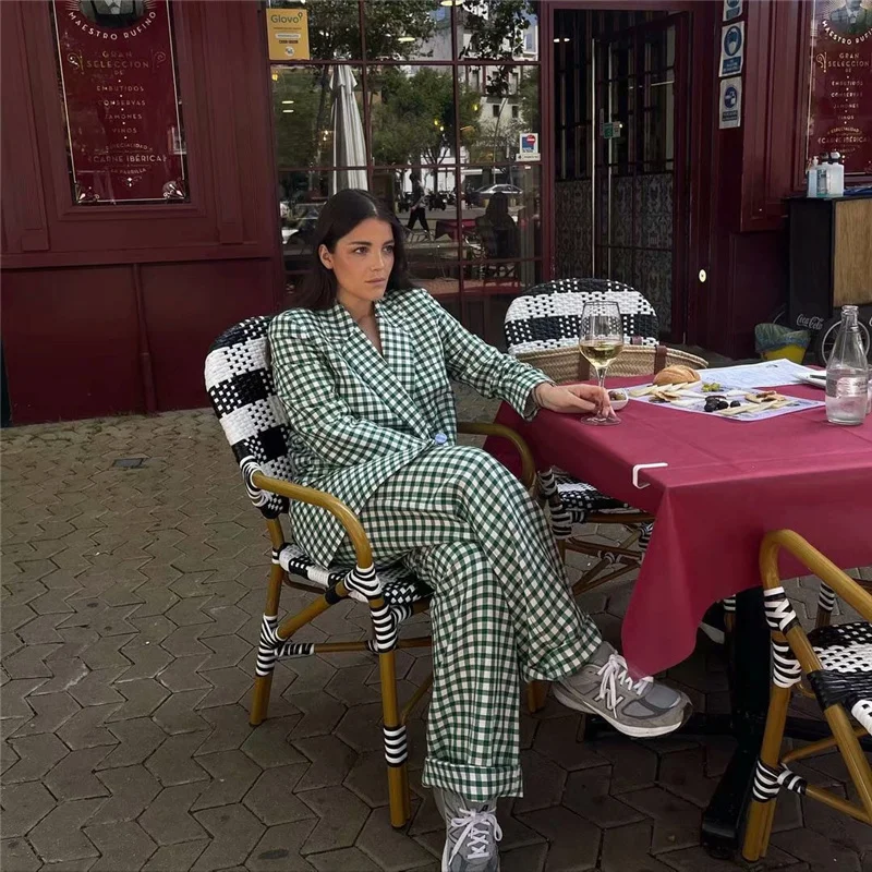 Женский блейзер в клетку весенний двубортный свободный зеленый Блейзер 2021 |