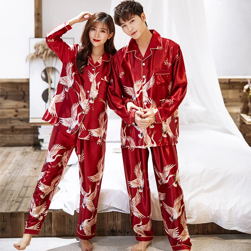 

Couples Print Pajamas Suit Shirt&Pants Silky 2PCS Sleep Set Kimono Bathrobe Gown Casual Bridal Wedding Gift Nightwear