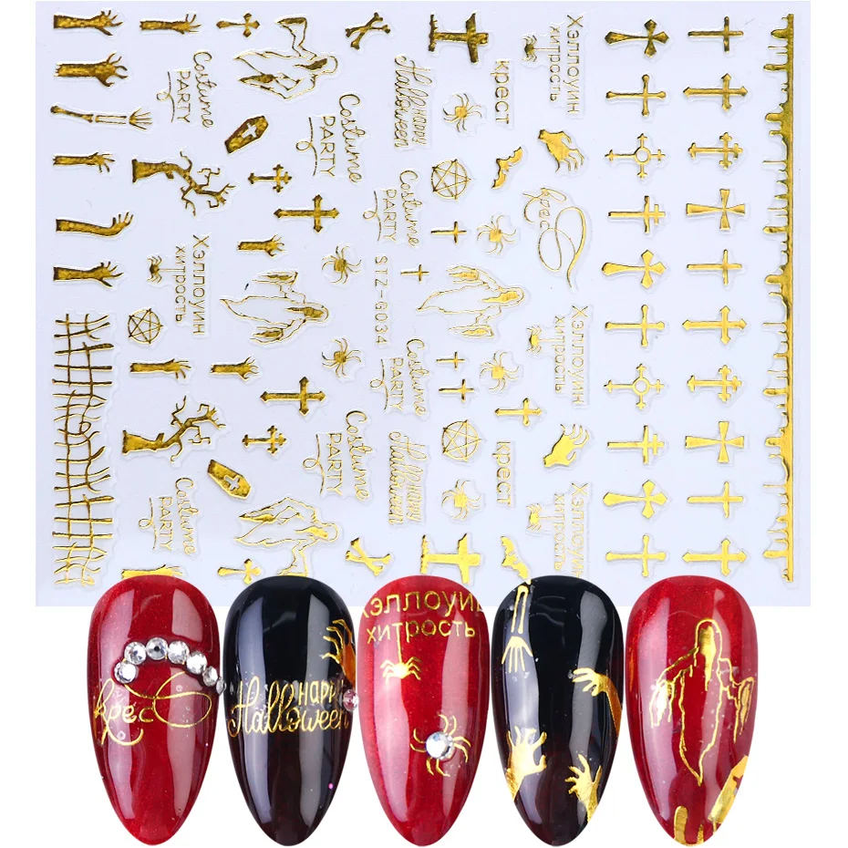 1 шт. золотистые 3D наклейки для ногтей Слайдеры Хэллоуина с черепом котом пауком