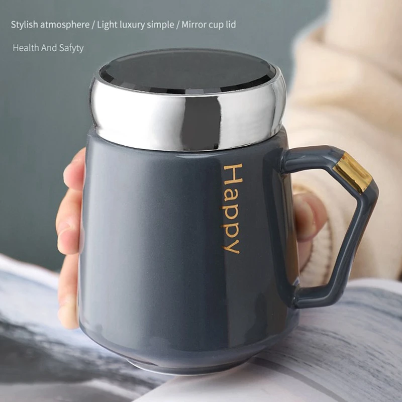 

HOT-2 Pcs 430 Ml Ceramic Water Cup Coffee Mug with Handle Cup and Mirror Lid Suitable for Storing Milk, Coffee, Gray & Green