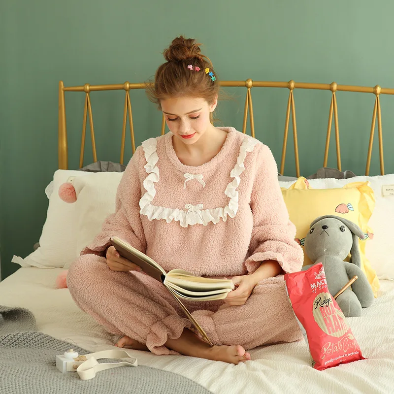 SP&ampCITY милые розовые кружевные женские теплые пижамы толстая Пижама зимняя