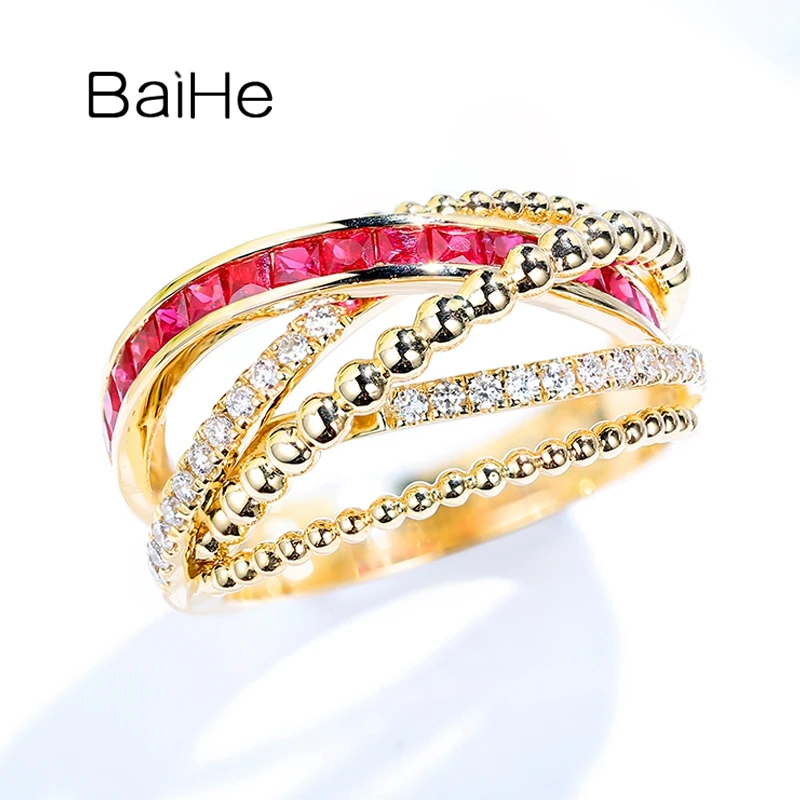BAIHE однотонное 14K желтое золото 0.70ct квадратный огранка натуральный рубин 0.20ct