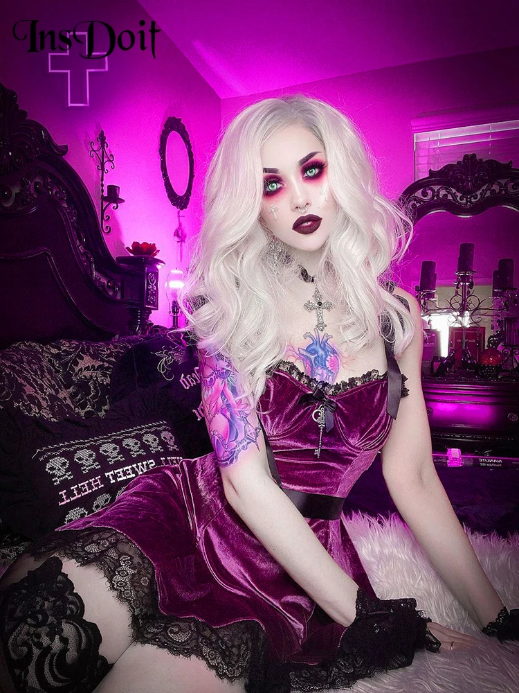 Женское бархатное платье-трапеция InsDoit черное или фиолетовое платье в готическом